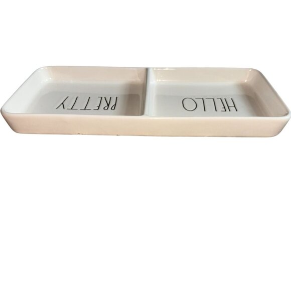 Rae Dunn HELLO PRETTY Jewelry Ceramic Vanity Trinket Organizer Divided Tray-GUC - Picture 5 of 5